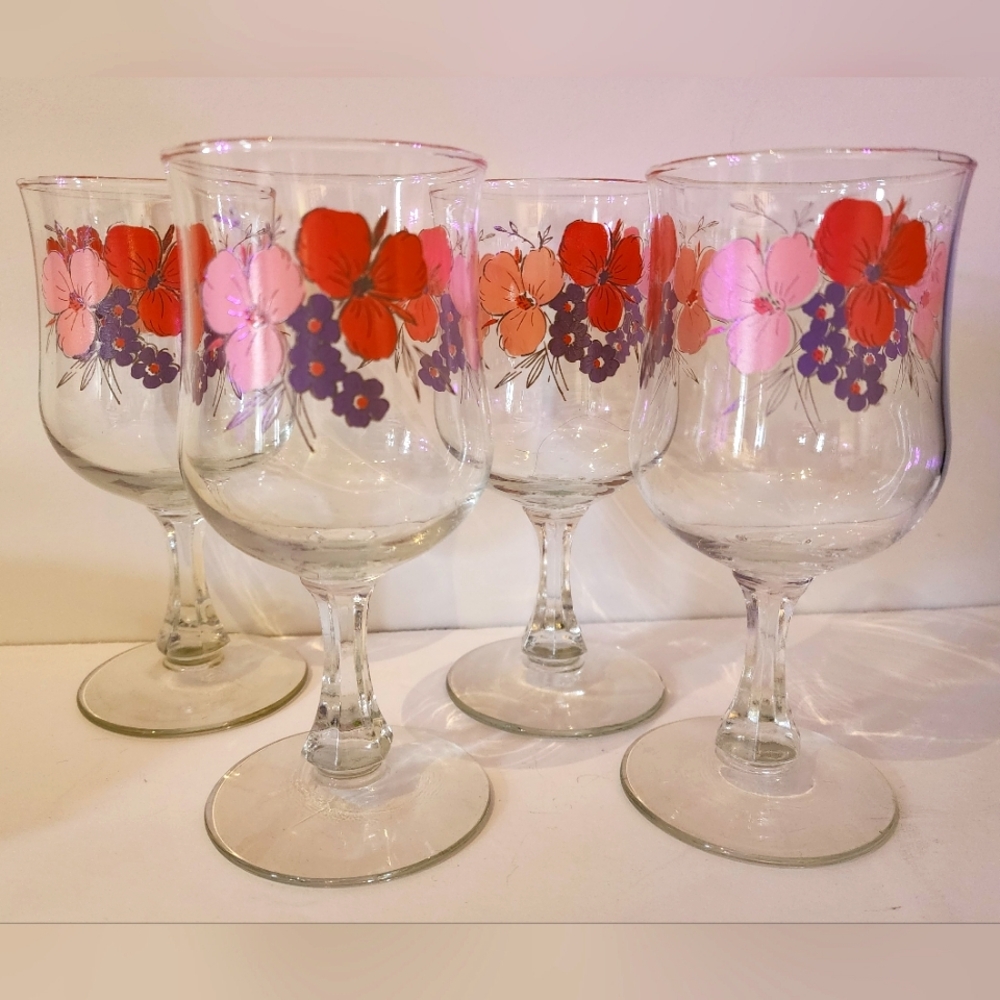 Vintage Galleria Stoneware Flower Floral Pink Gray Stemmed Glass Set of 4